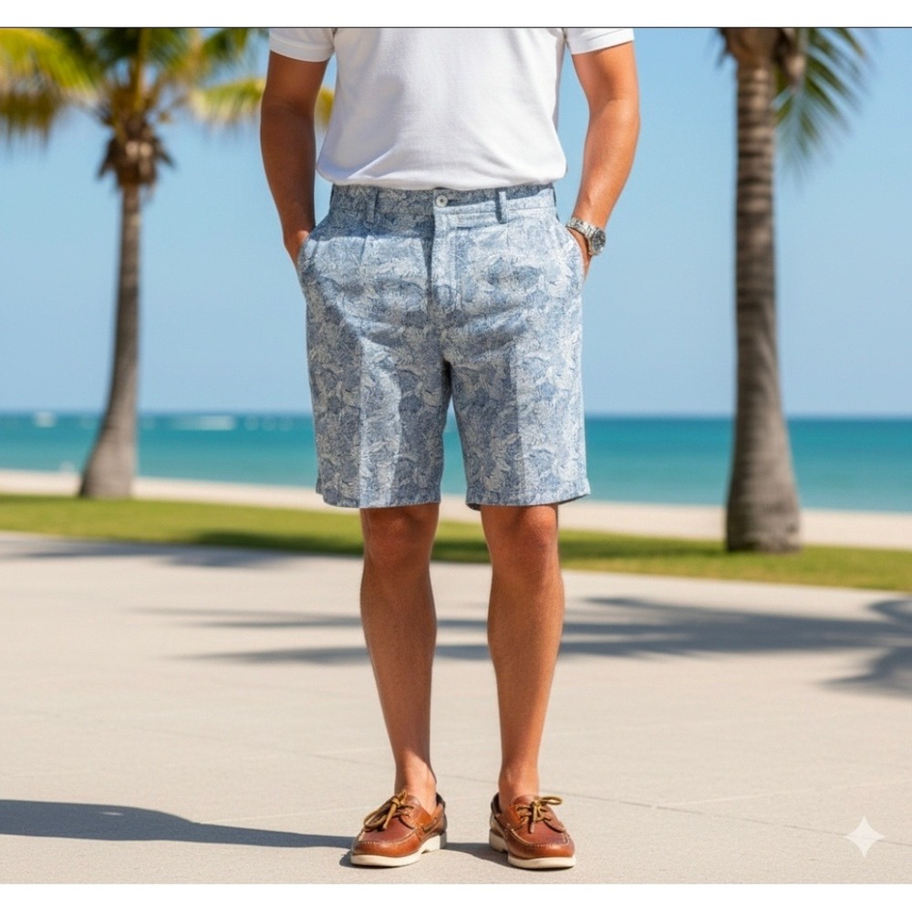 Izod 8" Shorts Mens Size‎ 42 Classic Linen Print Colony Blue Golf Preppy New